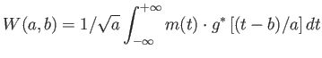 $\displaystyle W(a,b)=1/\sqrt{a} \int_{-\infty}^{+\infty} m(t) \cdot g^{\ast}\left [ (t-b)/a\right ] dt$